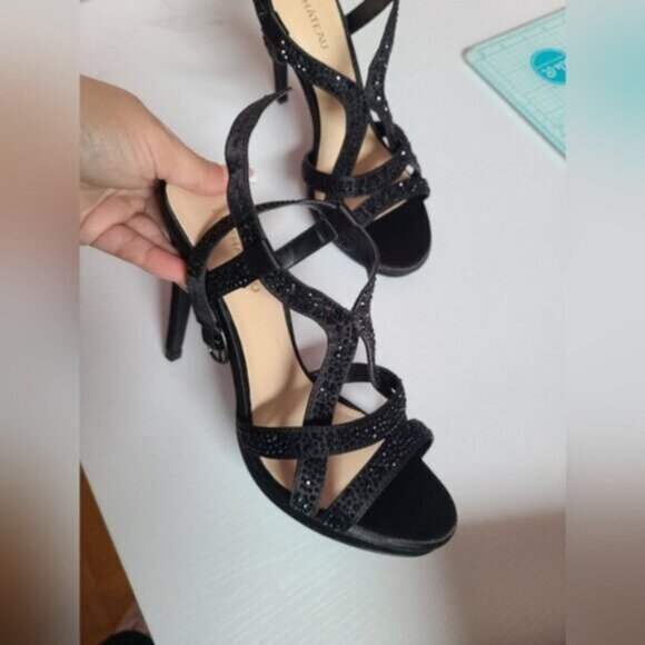 Le Chateau Strappy Black Glitter Sandals Stiletto Heels size 6 - Picture 6 of 11